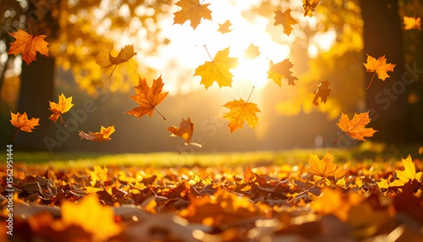 Fototapeta A serene autumn scene with falling leaves illuminated by sunlight.