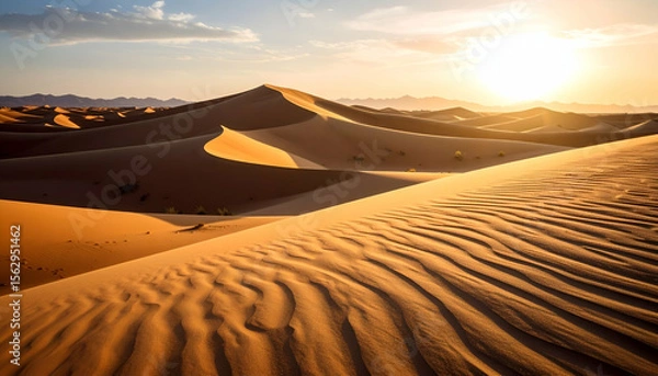 Fototapeta A serene desert landscape at sunset, showcasing rolling sand dunes and soft light.
