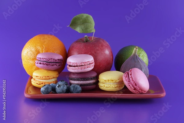 Obraz Vibrant scene of macarons and fruits over purple