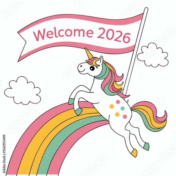 Fototapeta Unicorn jumping over pastel rainbow with welcome flag vector