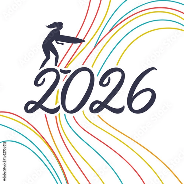 Fototapeta Surfer silhouette with colorful wavy lines and year surfboard waves