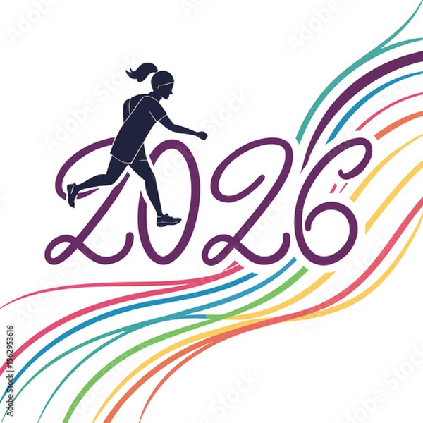 Fototapeta Runner silhouette with colorful swooshes and year running sport