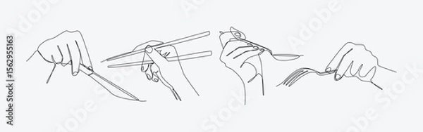 Obraz set of one line drawing of hands holding cutlery. Spoon, fork, chopsticks and table knife. Editable line. Vector illustration