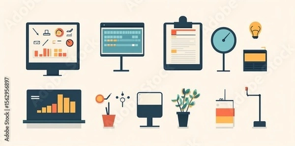 Obraz Set of Digital Technology Icons and Data Charts in Flat Style for Business and Data Analysis