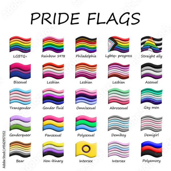 Fototapeta Set of colorful 3d LGBTQ+ pride flags Gender equality and sexual identity pride flags collection LGBTQIA community pride month