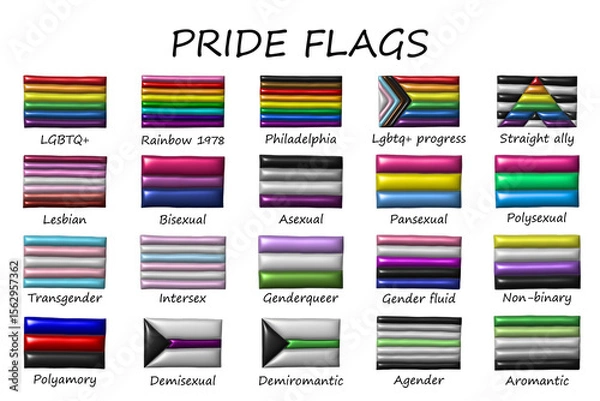 Fototapeta Set of colorful LGBTQ+ pride flags Gender equality and sexual identity pride flags collection LGBTQIA community pride month
