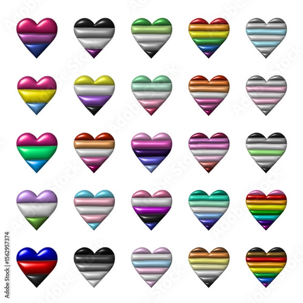 Fototapeta Set of colorful 3d LGBTQ+ pride flag heart shape Gender equality and sexual identity pride flags collection LGBTQIA community pride month