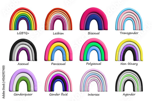 Fototapeta Set of colorful 3d LGBTQ+ pride flag rainbows Gender equality and sexual identity pride flags collection LGBTQIA community pride month