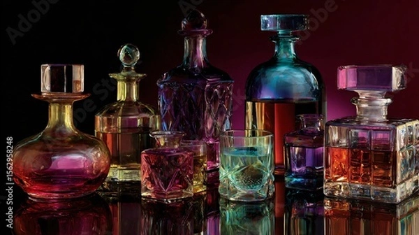 Fototapeta Still life of luminous crystal decanters, radiating a vibrant spectrum of neon CMYK colors on a