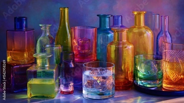 Fototapeta Vibrant array of crystal glass tumblers and bottles create a colorful, glowing gradient on a
