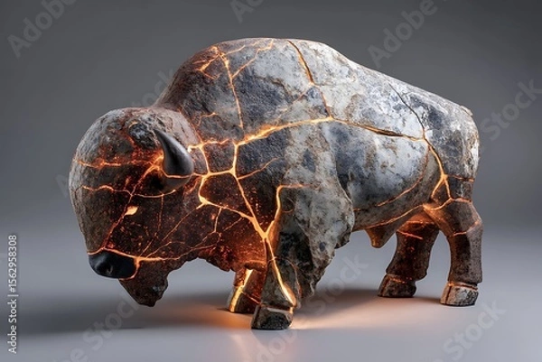 Fototapeta Bison-Volcano" - Stone bison with magma veins, erupting geothermal energy from its back