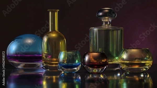 Fototapeta Elegant crystal glassware displays a vibrant spectrum of neon CMYK colors on a polished surface