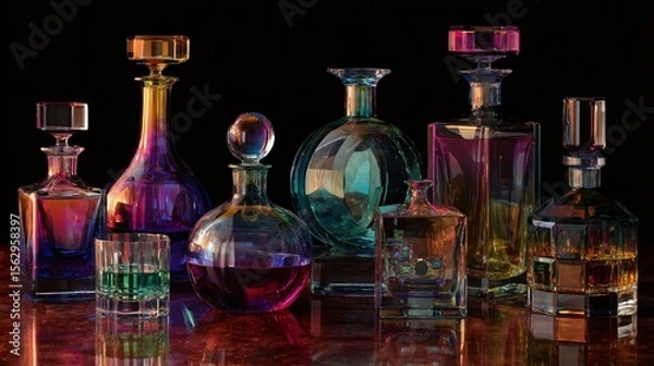 Fototapeta Crystal glassware collection featuring a radiant array of vibrant, iridescent CMYK color gradients