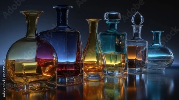 Fototapeta A collection of crystal decanters and glass bowls, showcasing a smooth transition of vibrant neon