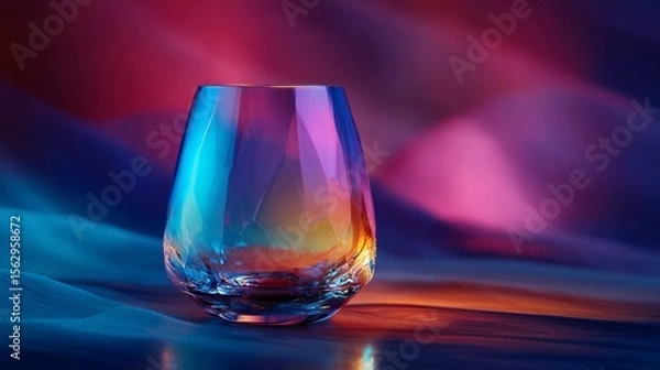Fototapeta Unique crystal glass featuring a vibrant gradient from cyan to magenta to yellow with faceted