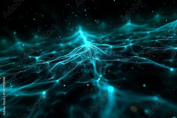 Fototapeta Blockchain visualized as glowing neural roots spreading through a digital cosmos, 8k fractal patterns, neon cyan and black