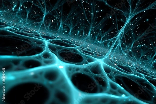 Fototapeta Blockchain visualized as glowing neural roots spreading through a digital cosmos, 8k fractal patterns, neon cyan and black