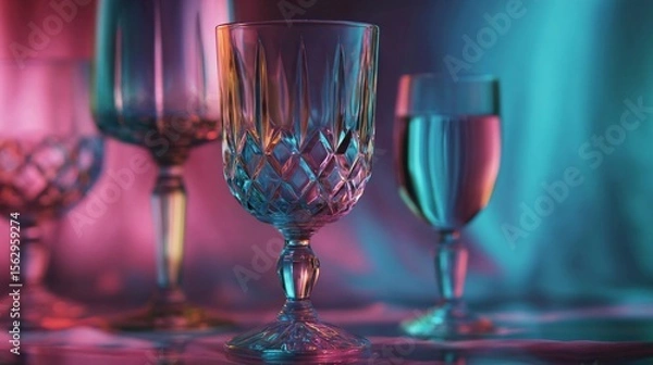 Fototapeta Crystal glass set shimmers with neon CMYK gradient, softly blurred background creating a dreamy
