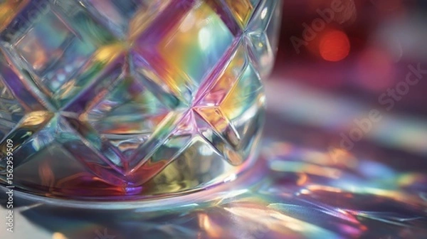 Fototapeta A faceted crystal glass refracts and reflects spectrum light across a surface, creating vibrant