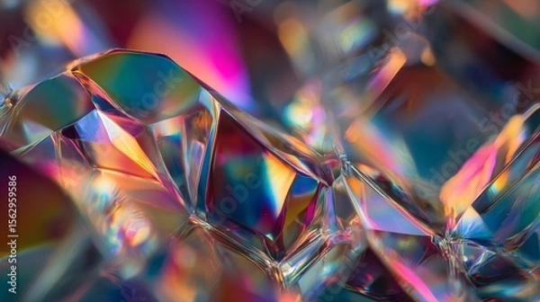Fototapeta Abstract close-up shows refracting light through crystal, creating vibrant neon CMYK hues and