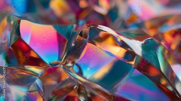 Fototapeta Macro shot of clear crystal glass reflecting neon hues, exhibiting colorful refracted light and