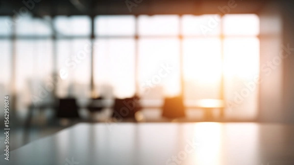 Fototapeta Softly blurred bright office with glass windows, sunlight, modern workspace, empty, peaceful morning
