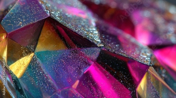 Fototapeta Macro shot exhibits crystal facets with a dynamic gradient of neon, cyan, magenta, and yellow hues.