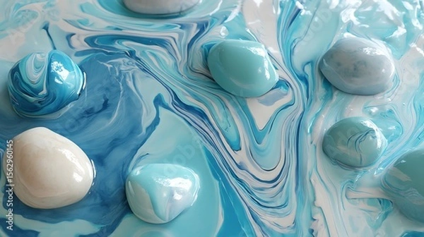 Fototapeta Calmness visualized as liquid marble pools floating in zero gravity, soft pastel blues and whites