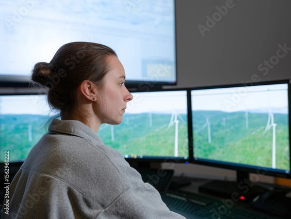 Fototapeta Young woman monitoring wind farm control center with multiple screens displaying wind turbines and green landscape