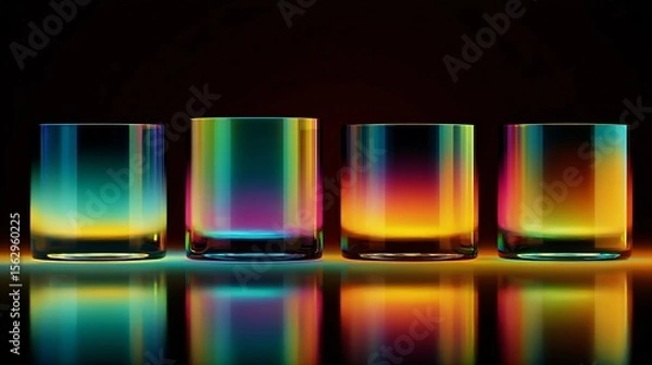 Fototapeta Four crystal tumblers displaying vibrant neon CMYK color gradients with reflections against a dark