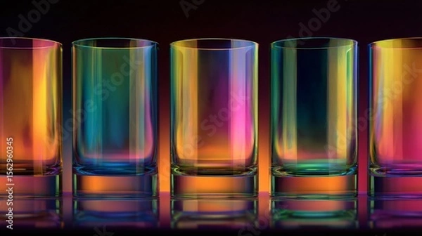 Fototapeta Five crystal tumblers exhibit a captivating play of neon CMYK gradients against a dark, reflective