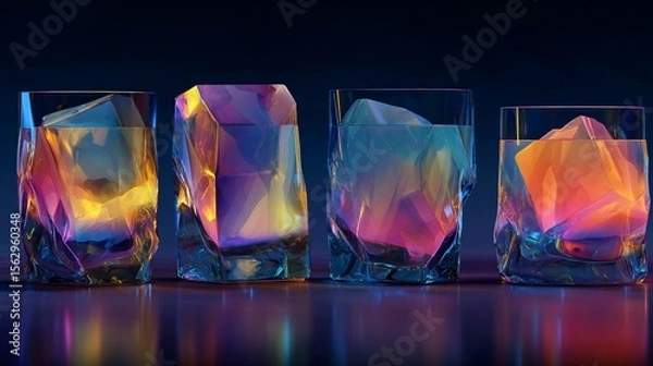 Fototapeta Four translucent crystal tumblers refract neon CMYK gradients reflecting on the dark polished