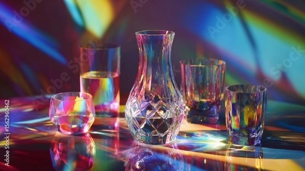 Fototapeta Crystal vase and glasses showcase refracted neon light in a spectrum of vibrant colors creating a