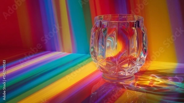 Fototapeta Crystal vase gleams, bathed in vibrant neon lights creating a spectrum of refracted color patterns.