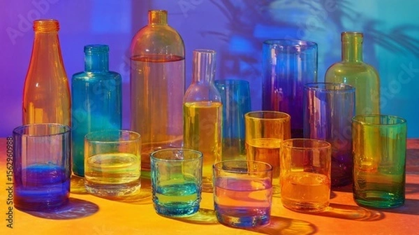Fototapeta Assorted crystal glass tumblers and bottles in a gradient of neon CMYK colors on a tabletop display.