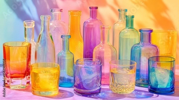 Fototapeta Assorted crystal glass tumblers and bottles in a gradient of vibrant neon CMYK colors on tabletop
