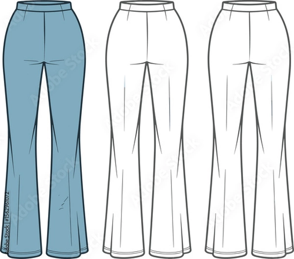 Fototapeta Women's Flared Trousers Technical Flat Sketch, Front and Back Views, Fashion Apparel Template, Bell Bottom Pants Design, Classic Style, Detailed Outline for Digital Art.