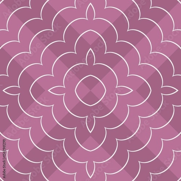 Fototapeta A floral pattern with symmetrical, abstract shapes unfolds in shades of pink and purple. The lines are clean and geometric, forming a repetitive mandala-like design.