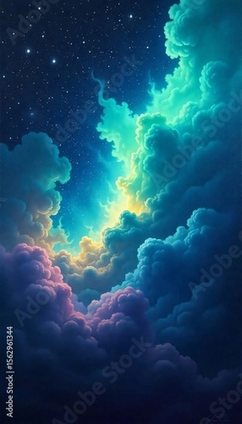 Fototapeta Dreamlike Night Sky Vibrant Cloudscape with Stars and Celestial Glow