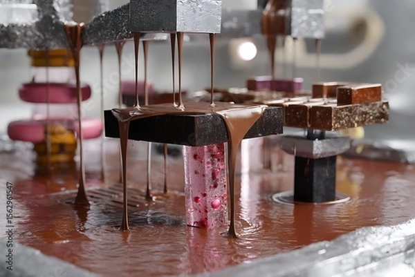 Fototapeta Chocolate Space Factory" - Asteroids mining cocoa, molten chocolate rivers flowing into zero-gravity molds