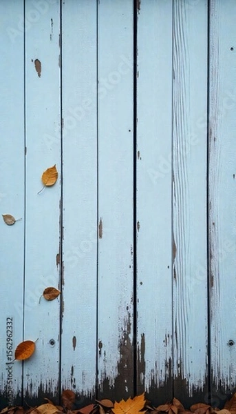 Fototapeta Rustic Blue Wooden Fence with Autumn Leaves Fall Background Texture