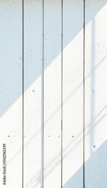 Fototapeta White Wooden Paneling Texture Background Sunlight Shadow Vertical Grain Rustic Farmhouse Style