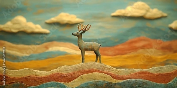 Fototapeta Clay Deer Sculpture in Colorful Landscape Scene with Clouds and Hills