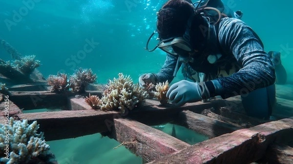 Fototapeta CRISPR-revived extinct coral species replanted on sunken pirate ships, creating hybrid museums