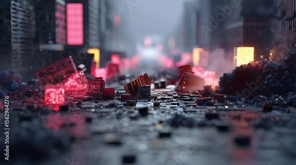 Fototapeta Cryptocurrency crashes as dominos toppling through a neon city, 8k hyper-detailed chaos