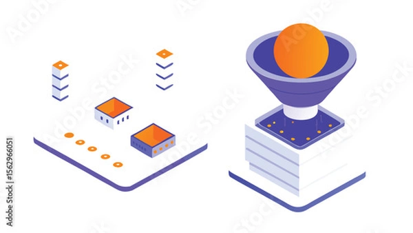 Fototapeta Isometric illustration showing data processing with funnel and data transformation process
