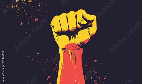 Fototapeta Raised fist silhouette in yellow and red colors symbolizing power strength protest revolution unity and empowerment on dark grunge background vector illustration