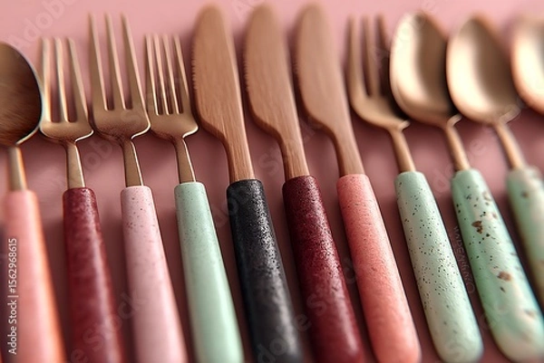 Fototapeta Edible cutlery made from seaweed, arranged in a zero-waste , pastel mint and coral tones, minimalist 3D render