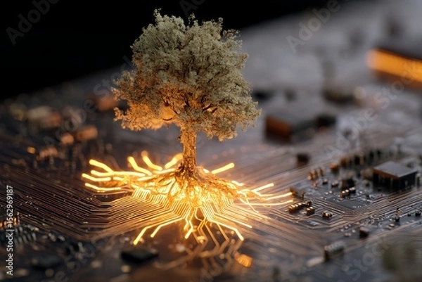 Obraz ESG investing as a glowing tree growing from a circuit board, roots tapping crypto soil