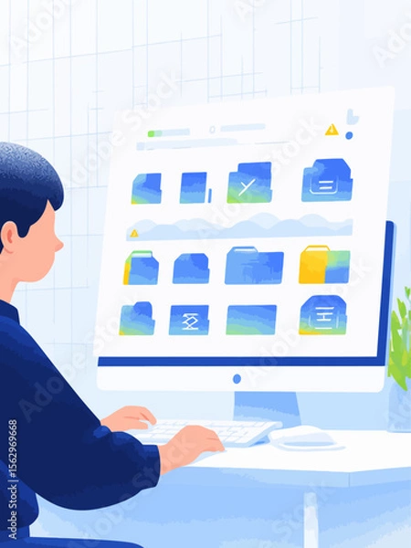 Fototapeta A modern flat-style digital illustration showing a person cleaning up duplicate files